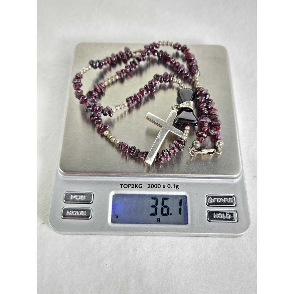 Taxco 925 Rhodolite Garnet Bead Necklace Sterling Cross Pendant Vtg Religious - Picture 15 of 15